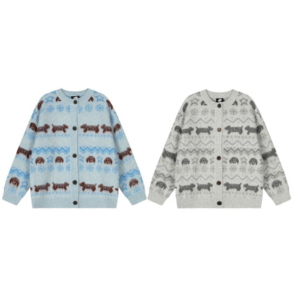 Women's Retro Puppy Jacquard Cardigan Sweater Loose Oversized Knitted Jacket Lazy Style Autumn Winter Unisex | Puppy Knit Cardi