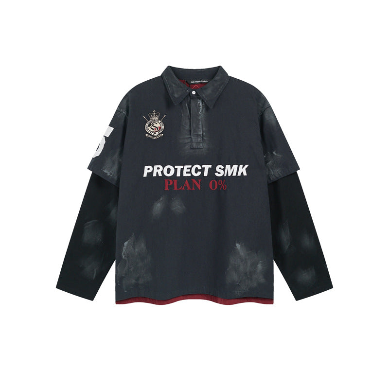 Women's High Street Plaster Dyed Fake Two-Piece Polo Shirt Washed Embroidered Splicing Long Sleeve Unisex | Plaster Polo Duo