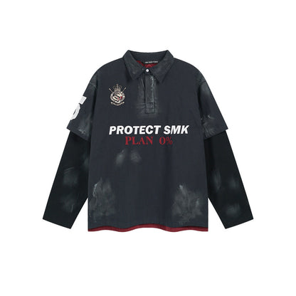 Women's High Street Plaster Dyed Fake Two-Piece Polo Shirt Washed Embroidered Splicing Long Sleeve Unisex | Plaster Polo Duo