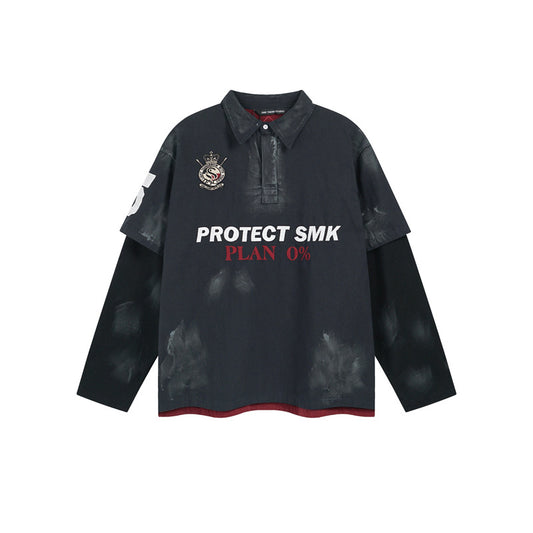 Women's High Street Plaster Dyed Fake Two-Piece Polo Shirt Washed Embroidered Splicing Long Sleeve Unisex | Plaster Polo Duo