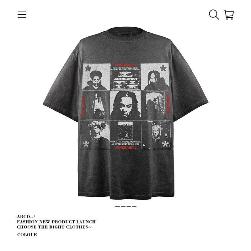 VANCARHELL 16-Grid Cartoon Avatars Graphic Tee
