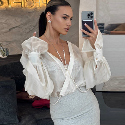 Women's summer new sweet and fresh loose lapel lantern sleeve long sleeve shirt women's top