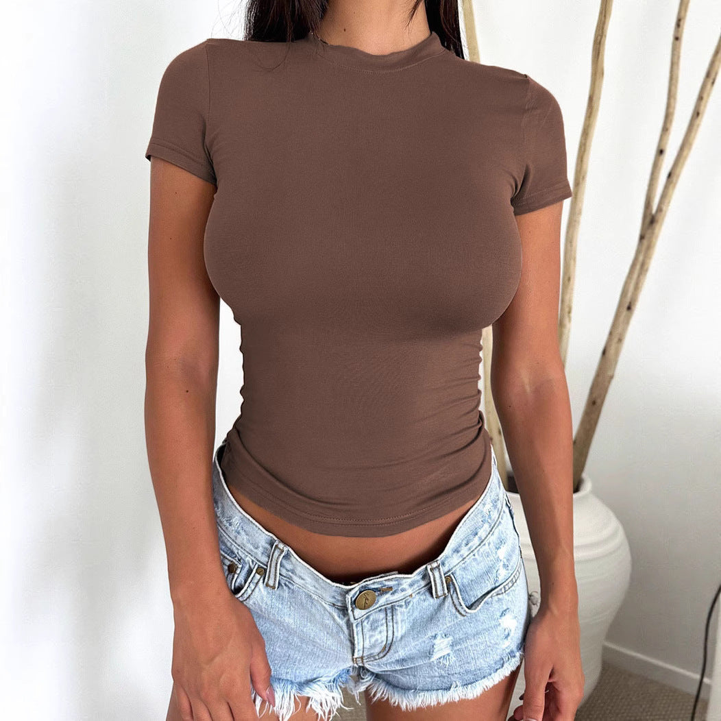 Women's Fitted Crew Neck T Shirt Slim Fit Short Sleeve Basic Tee Stretch Y2K Casual Summer Top