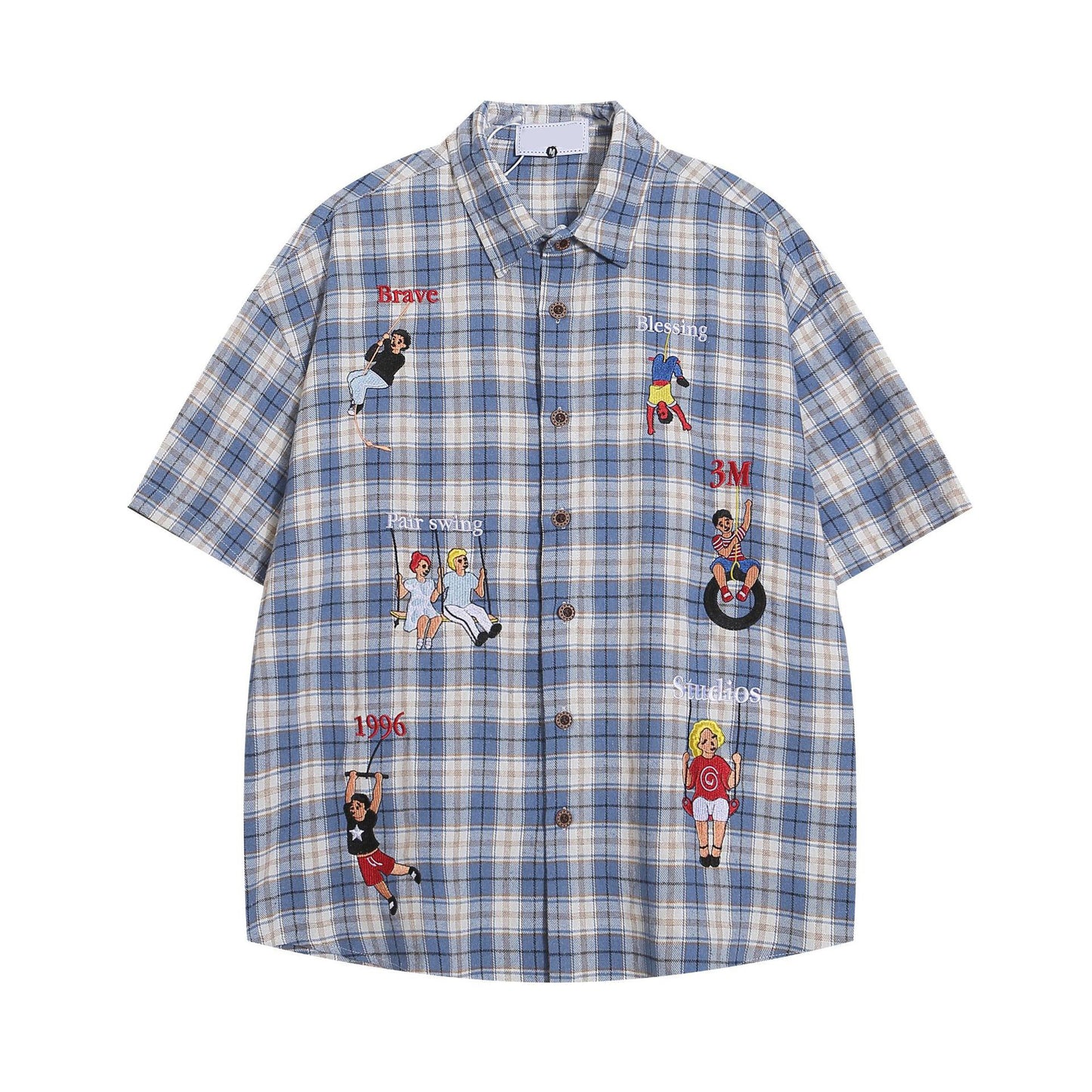 Wild Azi Playful Cartoon Oversized Plaid Button-Up Shirt