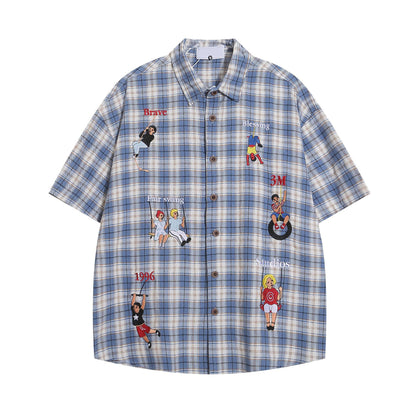 Wild Azi Playful Cartoon Oversized Plaid Button-Up Shirt