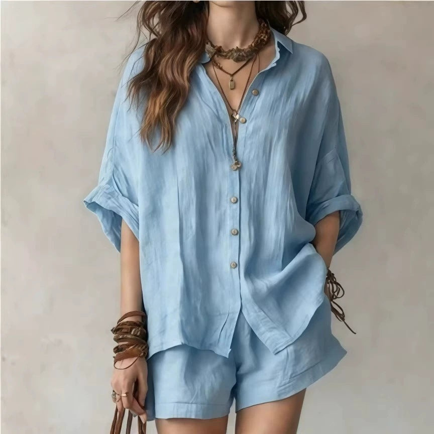 Women's Solid Color Loose Button Shirt Shorts Two Piece Set Casual Summer Outfit Fashion Suit - Seldom Seen Styles