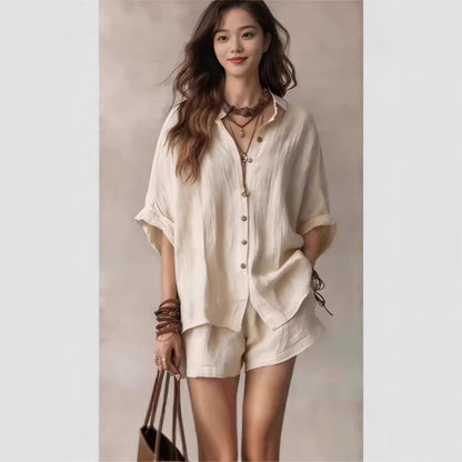 Women's Solid Color Loose Button Shirt Shorts Two Piece Set Casual Summer Outfit Fashion Suit