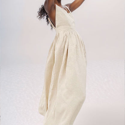 Women's One Shoulder Linen Midi Dress High Waist Elegant Vacation Sundress