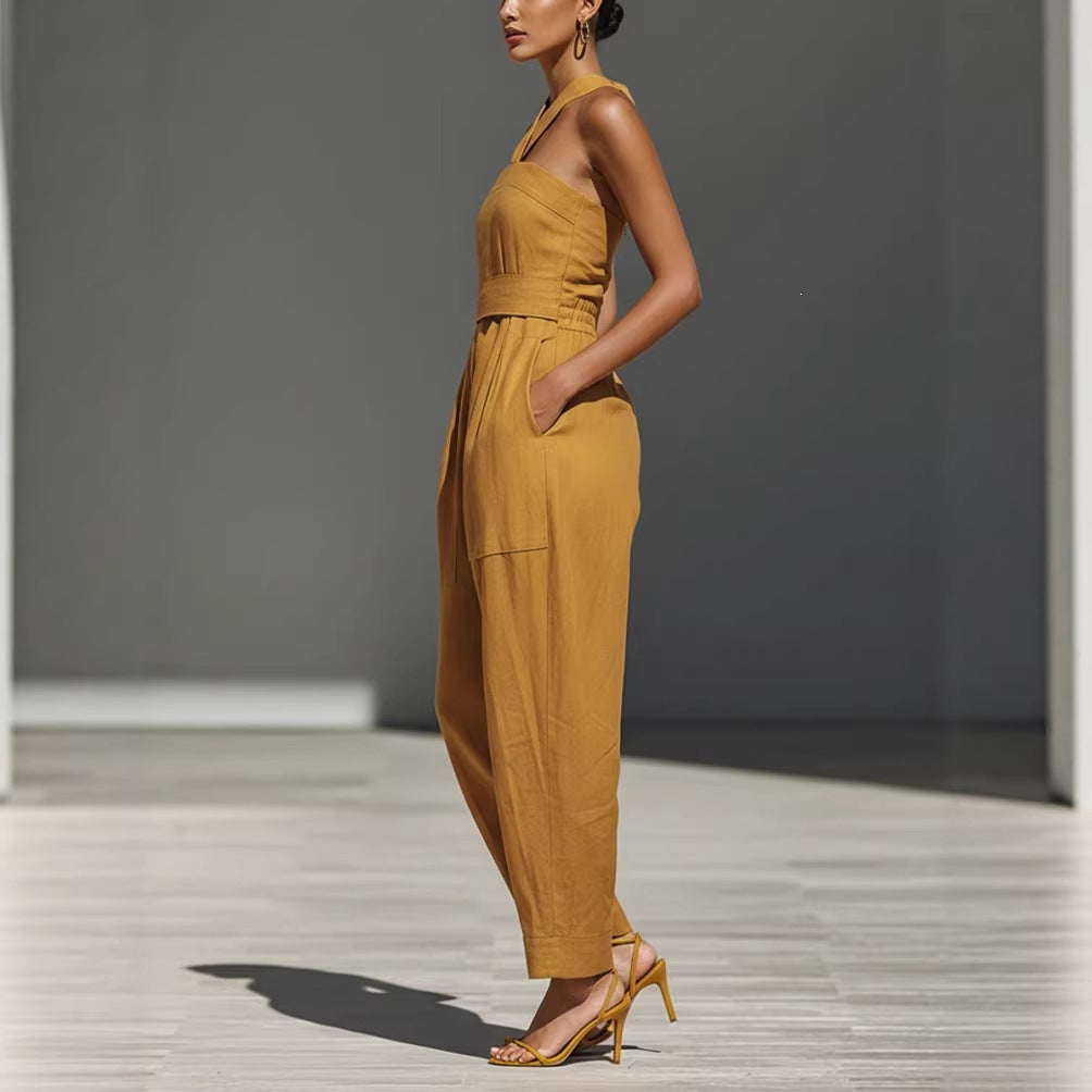 Women's Linen Blend Cross Halter Neck Loose Jumpsuit Casual Summer Vacation Outfit - Seldom Seen Styles