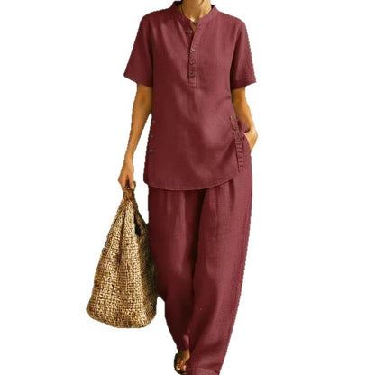 Women's Linen Button Up Shirt Wide Leg Pants Two Piece Set Summer Casual Vacation Outfit Plus Size