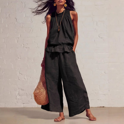 Women's Sleeveless Ruffle Wide Leg Pants Two Piece Set Cotton Linen Casual Summer Beach Outfit
