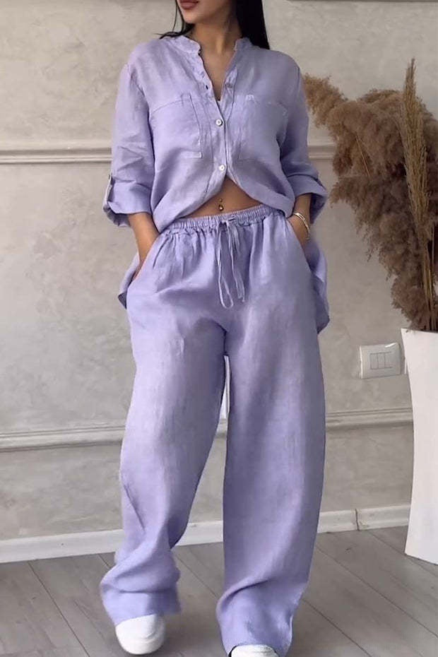 Women's Linen Two Piece Set Button Down Shirt and Wide Leg Pants Casual Matching Outfit Summer Vacation Co Ord Set
