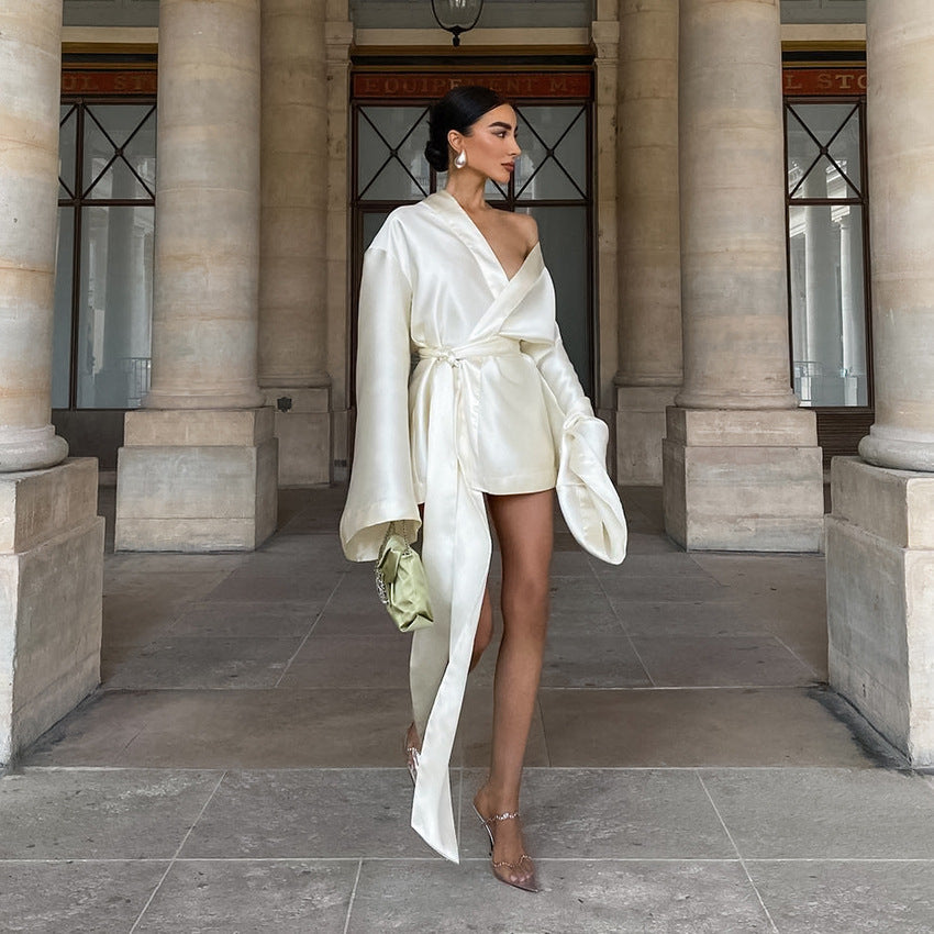 Women's Satin Wrap Mini Dress Deep V Neck Belted Elegant Long Sleeve Party Dress - Seldom Seen Styles