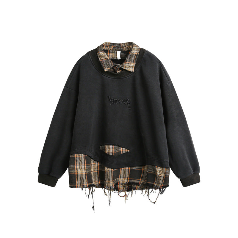 American Retro Plaid Splicing Destroyed Raw Hem Lapel Sweatshirt Loose Couple Casual Trendy | Plaid Destroy Sweat