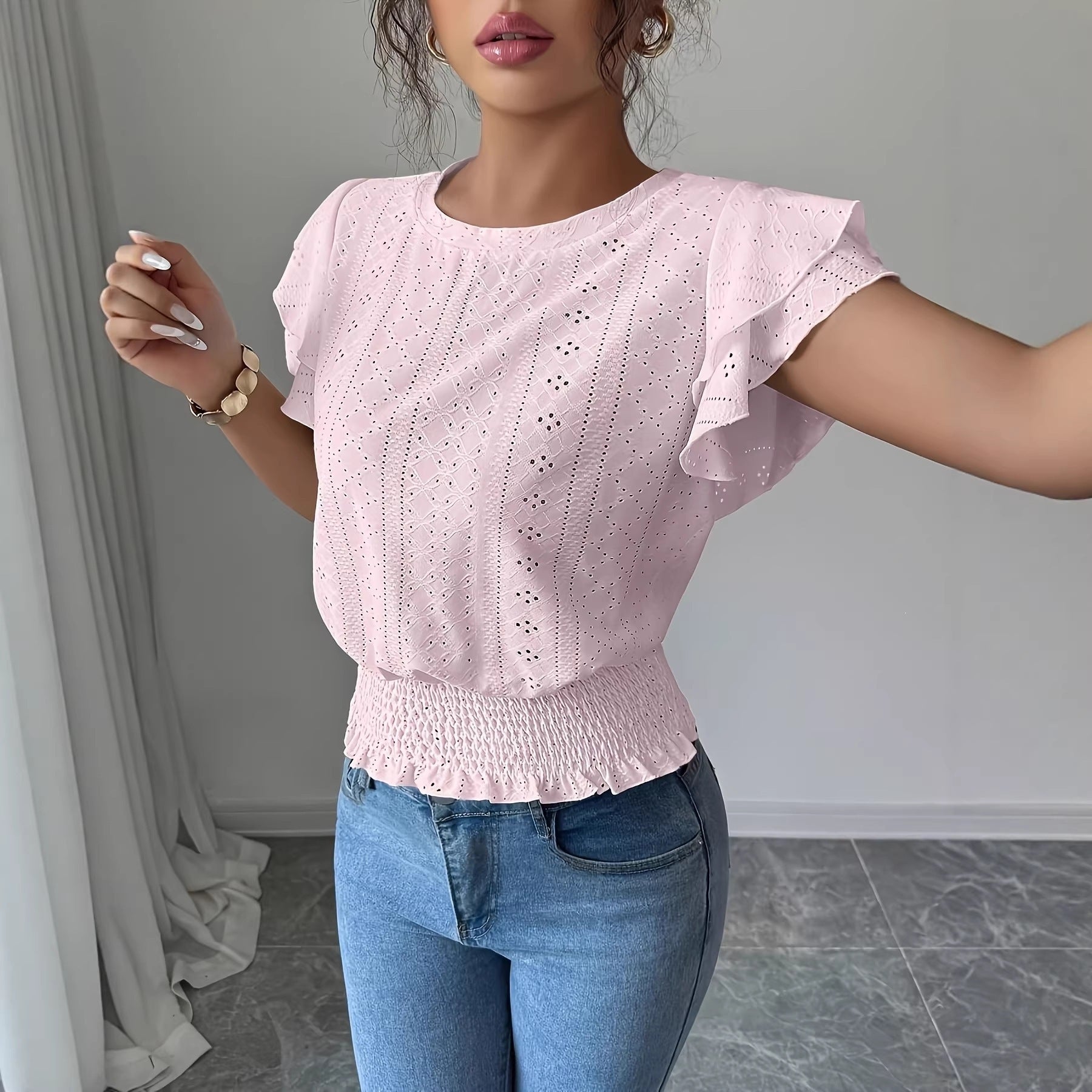 Women's Eyelet Flutter Sleeve Blouse Crew Neck Smocked Hem Casual Summer Top - Seldom Seen Styles