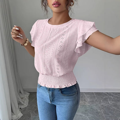 Women's Eyelet Flutter Sleeve Blouse Crew Neck Smocked Hem Casual Summer Top
