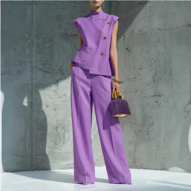 Women's Sleeveless Two Piece Pants Set Stand Collar Button Front Top and Wide Leg Trousers Elegant Casual Business Vacation Outfit - Seldom Seen Styles