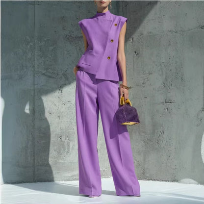 Women's Sleeveless Two Piece Pants Set Stand Collar Button Front Top and Wide Leg Trousers Elegant Casual Business Vacation Outfit