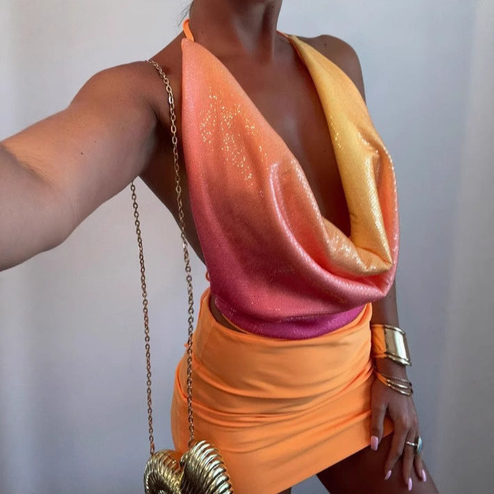 New sexy V backless casual sequins floral temperament neck fashion sling vest - Seldom Seen Styles