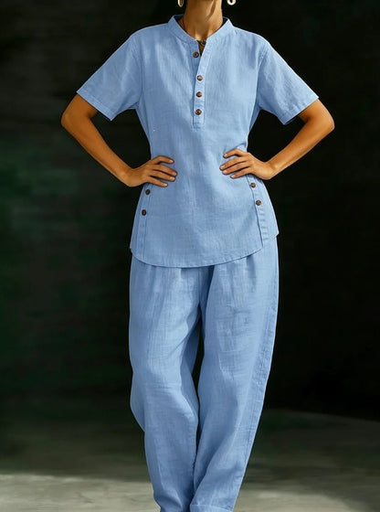 Women's Linen Button Up Shirt Wide Leg Pants Two Piece Set Summer Casual Vacation Outfit Plus Size