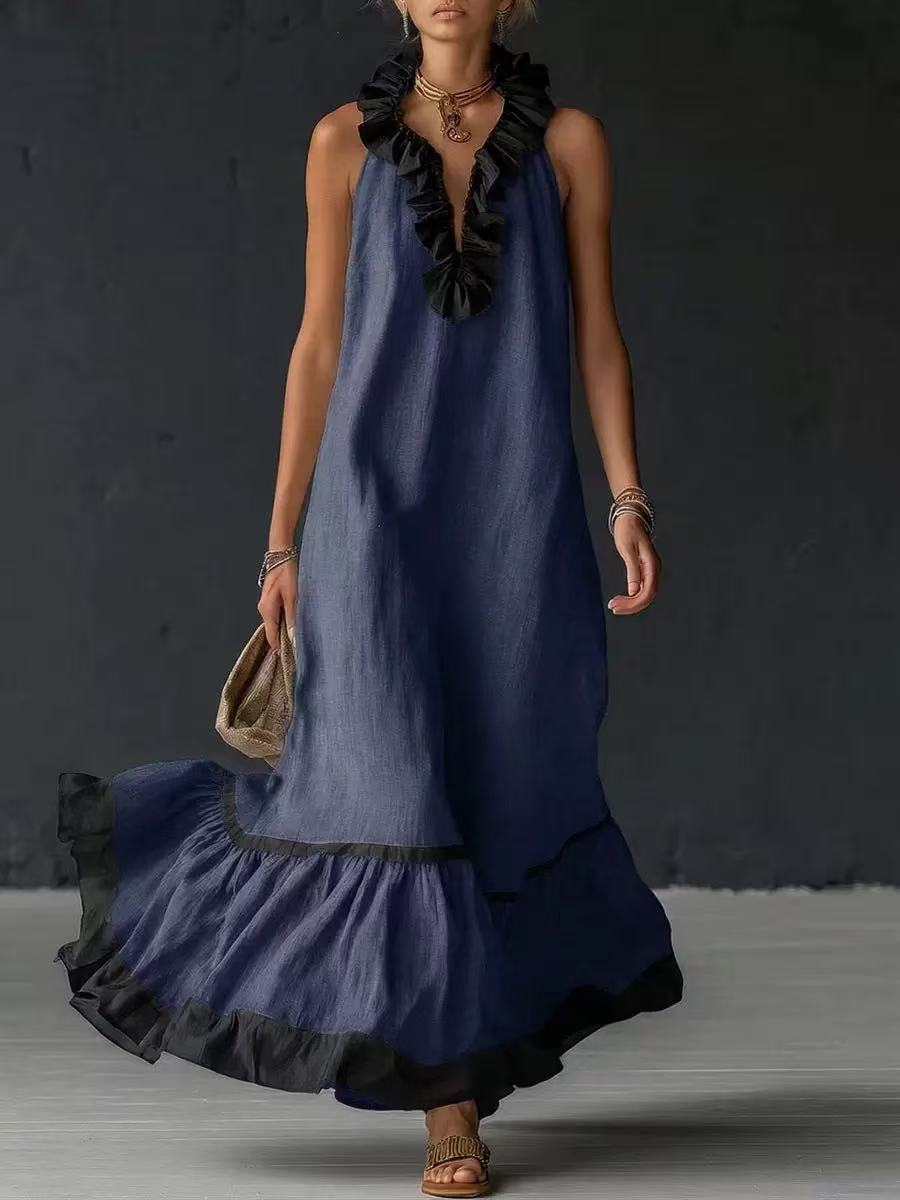 Women's Sleeveless V-Neck Ruffle Maxi Dress Loose Casual Summer Beach Vacation Long Vest Dress - Seldom Seen Styles