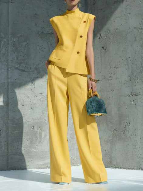 Women's Sleeveless Two Piece Pants Set Stand Collar Button Front Top and Wide Leg Trousers Elegant Casual Business Vacation Outfit - Seldom Seen Styles