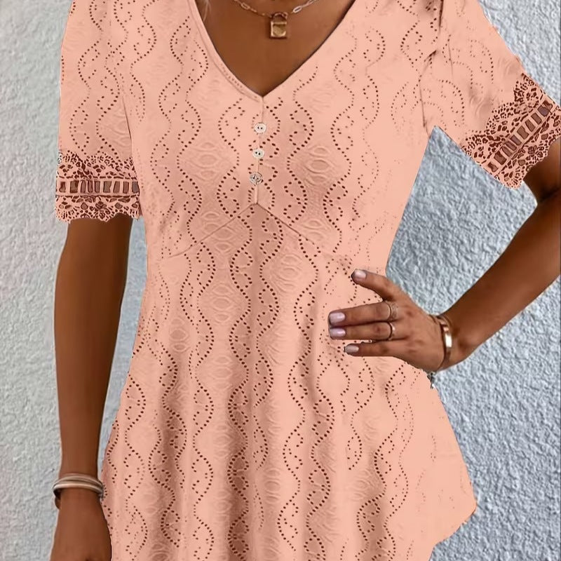 Women's V Neck Eyelet Lace Blouse Short Sleeve Tunic Top Casual Summer Shirt Boho Crochet Trim Top - Seldom Seen Styles