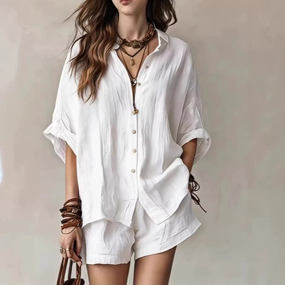 Women's Solid Color Loose Button Shirt Shorts Two Piece Set Casual Summer Outfit Fashion Suit - Seldom Seen Styles