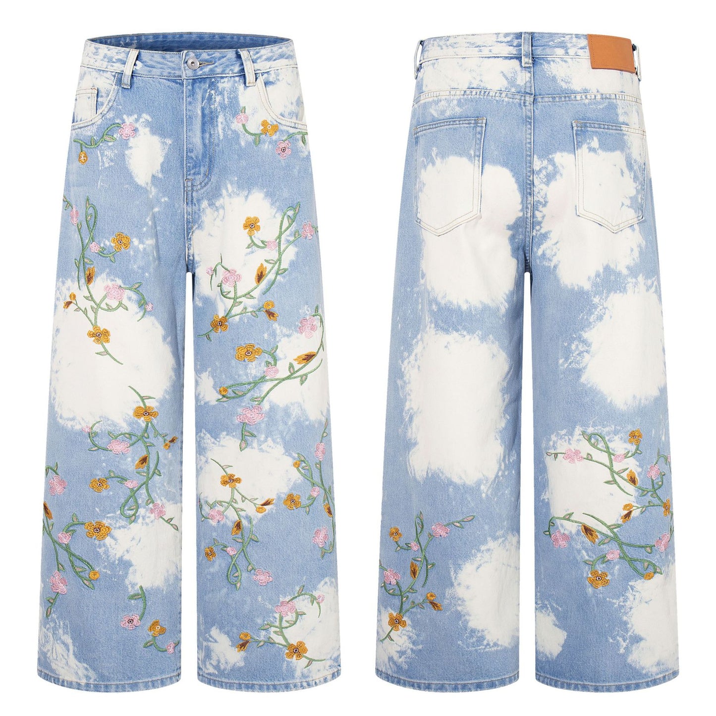 Flower Embroidery Washed Heavy Straight Jeans Retro American High Street Trendy Casual Denim Trousers | Bloom Wash