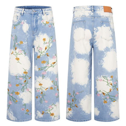 Flower Embroidery Washed Heavy Straight Jeans Retro American High Street Trendy Casual Denim Trousers | Bloom Wash