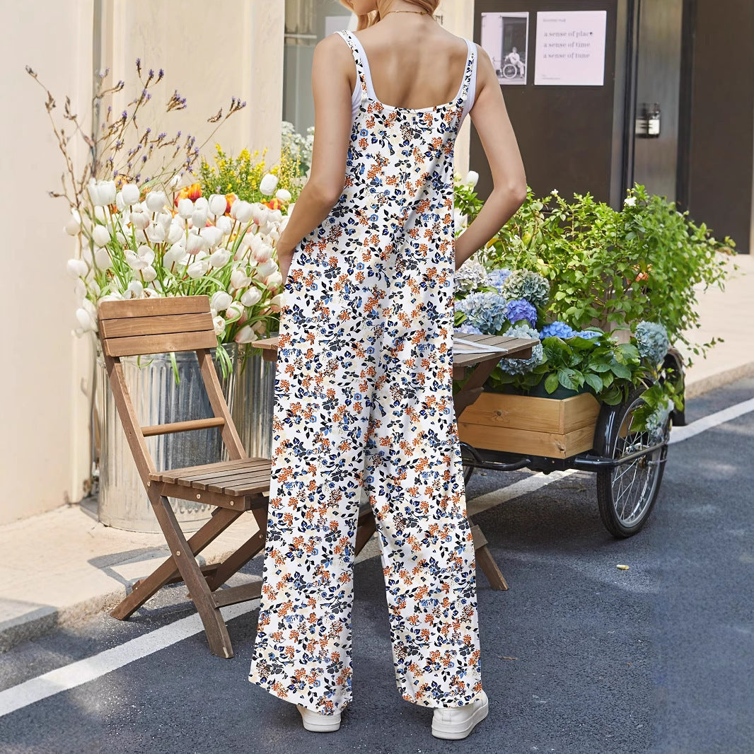 Women's Floral Print Jumpsuit Sleeveless Wide Leg Jumpsuit Adjustable Strap Casual Summer Romper with Pockets