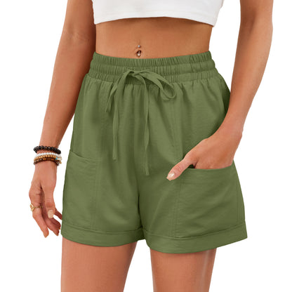 Women's Solid Color Pocket Drawstring Elastic Waist Loose Casual Shorts Summer Beach Vacation