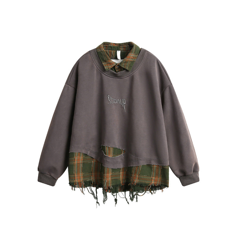 American Retro Plaid Splicing Destroyed Raw Hem Lapel Sweatshirt Loose Couple Casual Trendy | Plaid Destroy Sweat