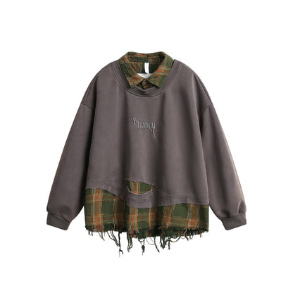 American Retro Plaid Splicing Destroyed Raw Hem Lapel Sweatshirt Loose Couple Casual Trendy | Plaid Destroy Sweat