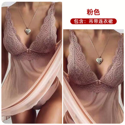 Women's Sheer Mesh Babydoll Lingerie Set Floral Lace V Neck Chemise Nightgown Sexy Sleepwear with Matching Panties