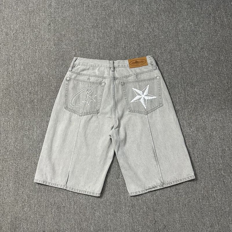 Men's Star Embroidered Denim Shorts Baggy Jorts Loose Fit Streetwear Jean Shorts Y2K Skate Shorts