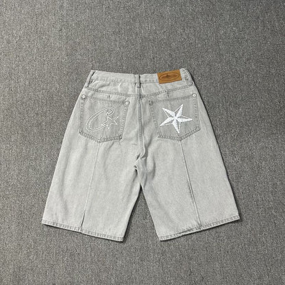 Men's Star Embroidered Denim Shorts Baggy Jorts Loose Fit Streetwear Jean Shorts Y2K Skate Shorts