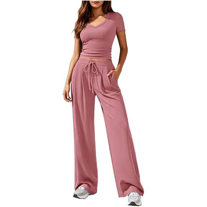 Women's Solid Color V-Neck Top Wide Leg Trousers Two Piece Set Casual Summer Vacation Outfit