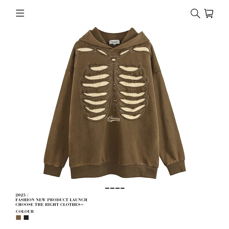 VANCARHELL Skeleton Ribcage Acid Wash Hoodie