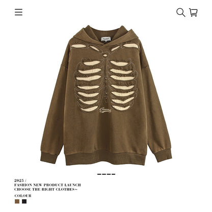 VANCARHELL Skeleton Ribcage Acid Wash Hoodie