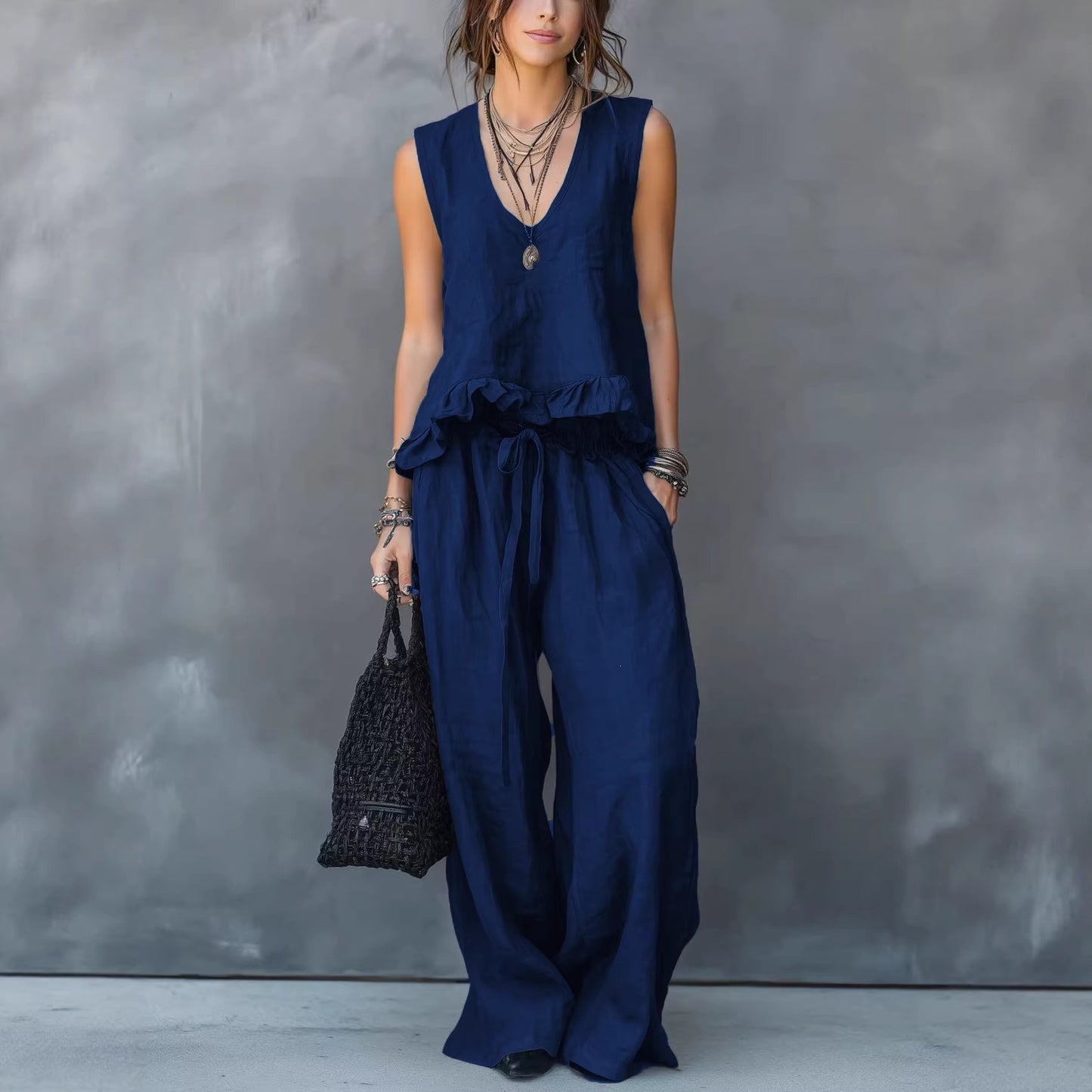 Women's V-Neck Sleeveless Ruffle Hem Casual Cover Up Top Loose Flowy Summer Vacation Outfit - Seldom Seen Styles