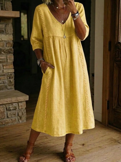 Women's V-Neck Lace Trim Linen Cotton Dress Loose Casual Summer Beach Vacation Dress