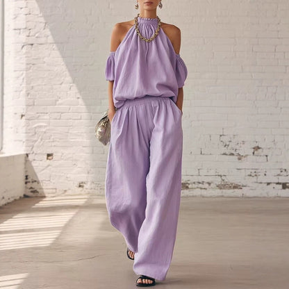 Women's Off Shoulder Top High Waist Wide Leg Pants Casual Two Piece Set Summer Vacation Outfit