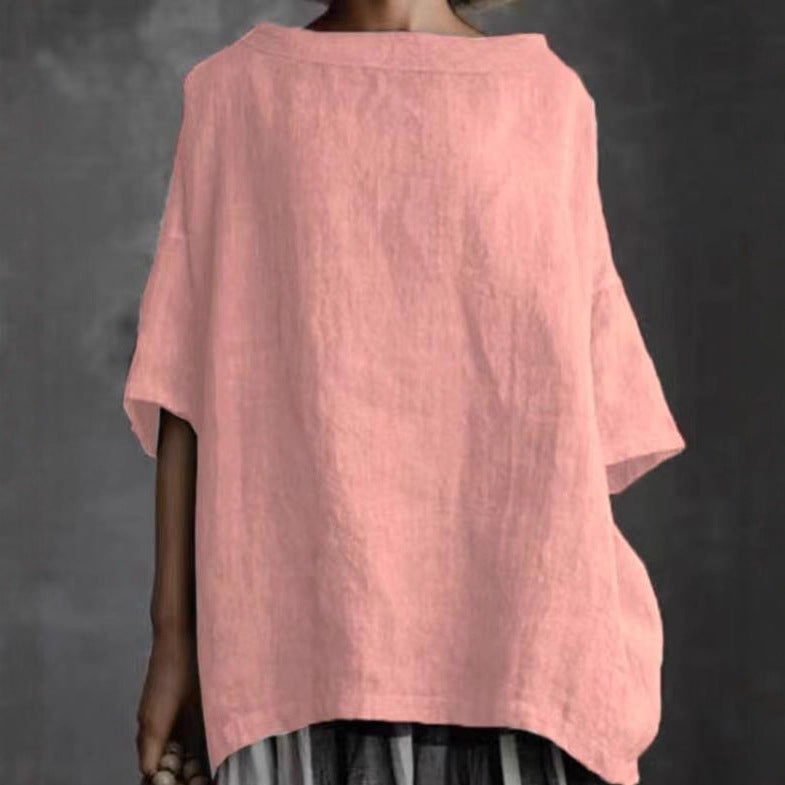 Women's Cotton Linen Round Neck Loose T-Shirt Casual Short Sleeve Solid Color Plus Size Top