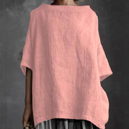 Women's Cotton Linen Round Neck Loose T-Shirt Casual Short Sleeve Solid Color Plus Size Top