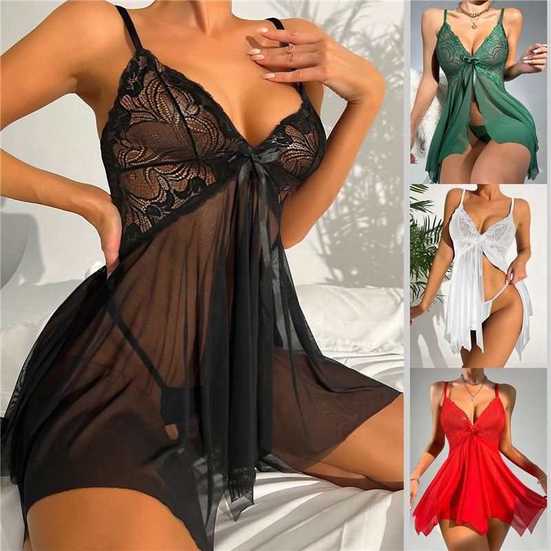 Women's Sheer Lace Babydoll Lingerie Set Deep V Neck Mesh Chemise Nightgown Sexy Sleepwear with Matching Thong - Seldom Seen Styles