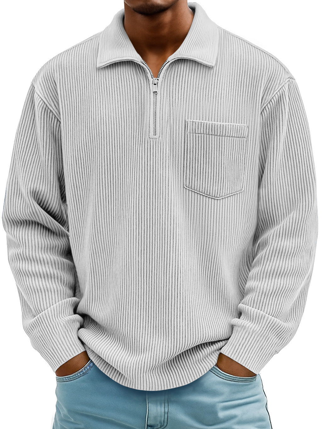 Men's Ribbed Quarter Zip Pullover Sweater Casual Long Sleeve Knit Polo Sweatshirt with Pocket