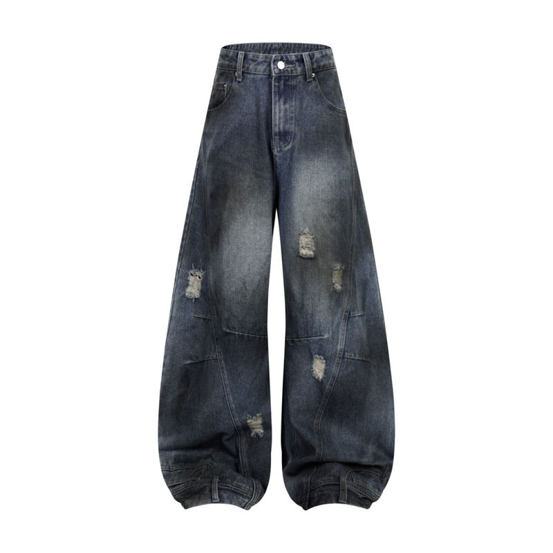 Men's Washed Ripped Hole Deconstruction Splicing Straight Jeans Loose Wide Leg Denim Pants Retro American Streetwear Casual Summer | Rip Splice