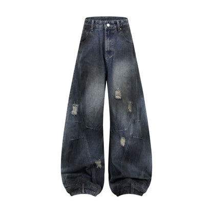 Men's Washed Ripped Hole Deconstruction Splicing Straight Jeans Loose Wide Leg Denim Pants Retro American Streetwear Casual Summer | Rip Splice