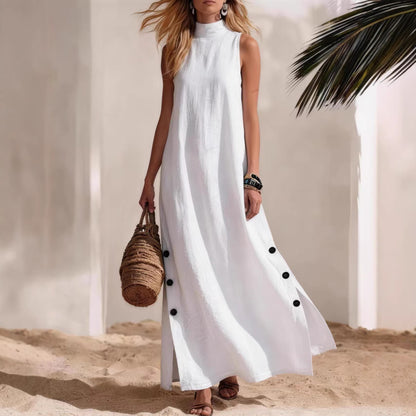 Women's Linen Maxi Dress Sleeveless Side Slit Beach Vacation Dress